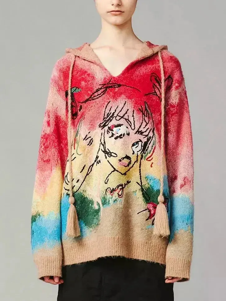 Anime Embroidered Tie-Dye Hooded Sweater