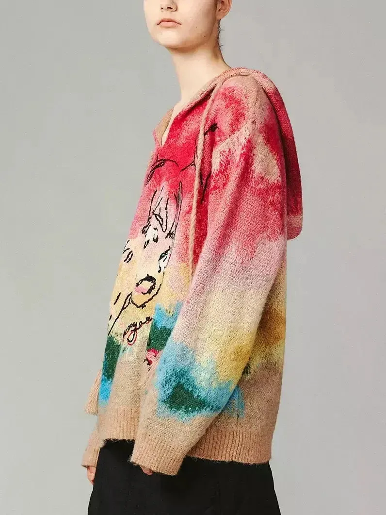 Anime Embroidered Tie-Dye Hooded Sweater