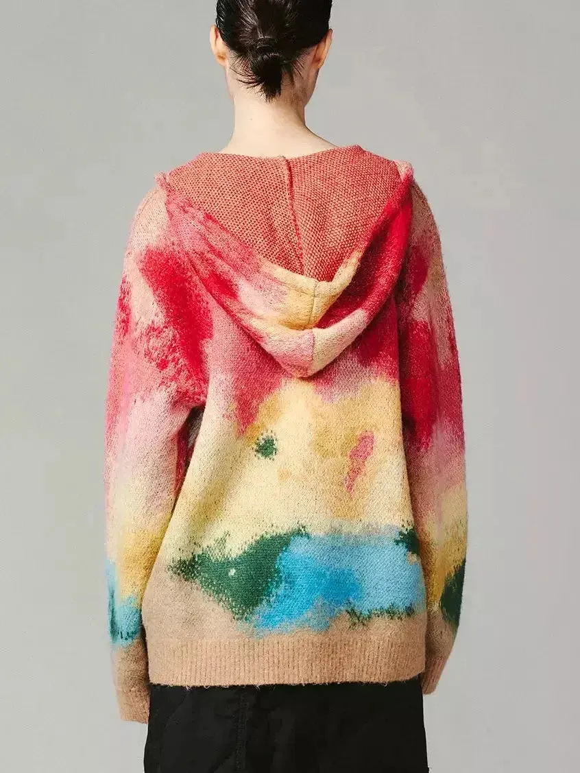 Anime Embroidered Tie-Dye Hooded Sweater