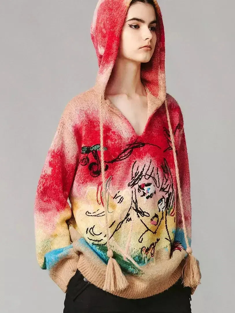 Anime Embroidered Tie-Dye Hooded Sweater