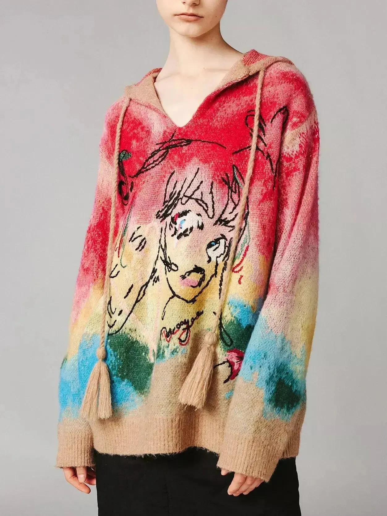 Anime Embroidered Tie-Dye Hooded Sweater