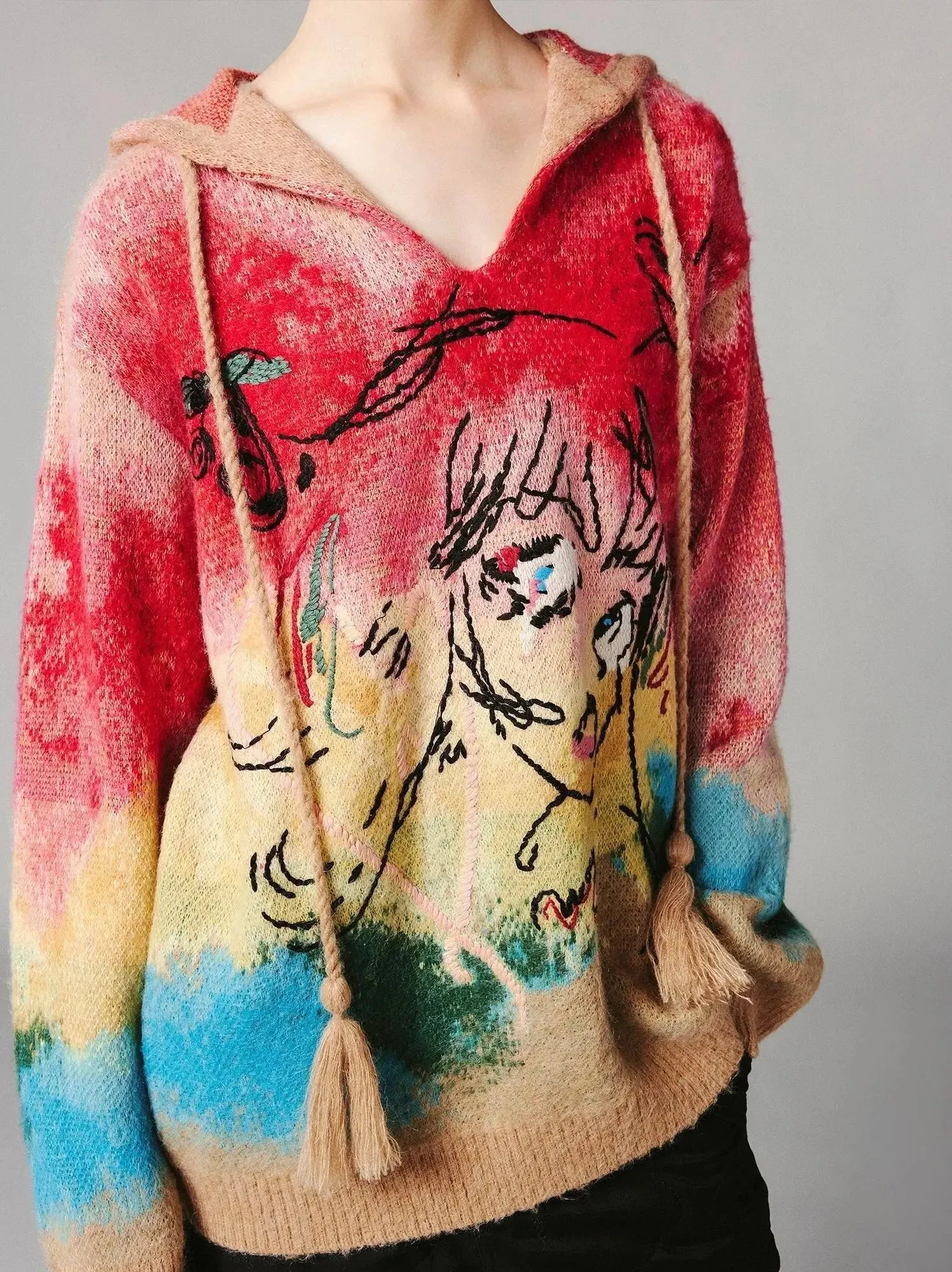 Anime Embroidered Tie-Dye Hooded Sweater