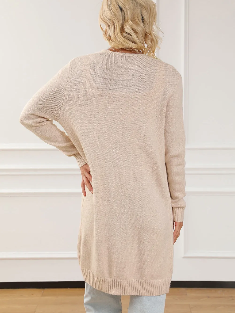 Apricot Knit Open Front Cardigan with Pockets