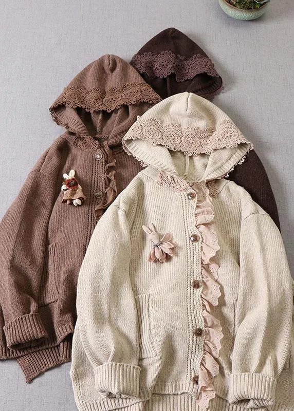 Art Beige hooded Button Pockets Fall Knit Sweaters Coat