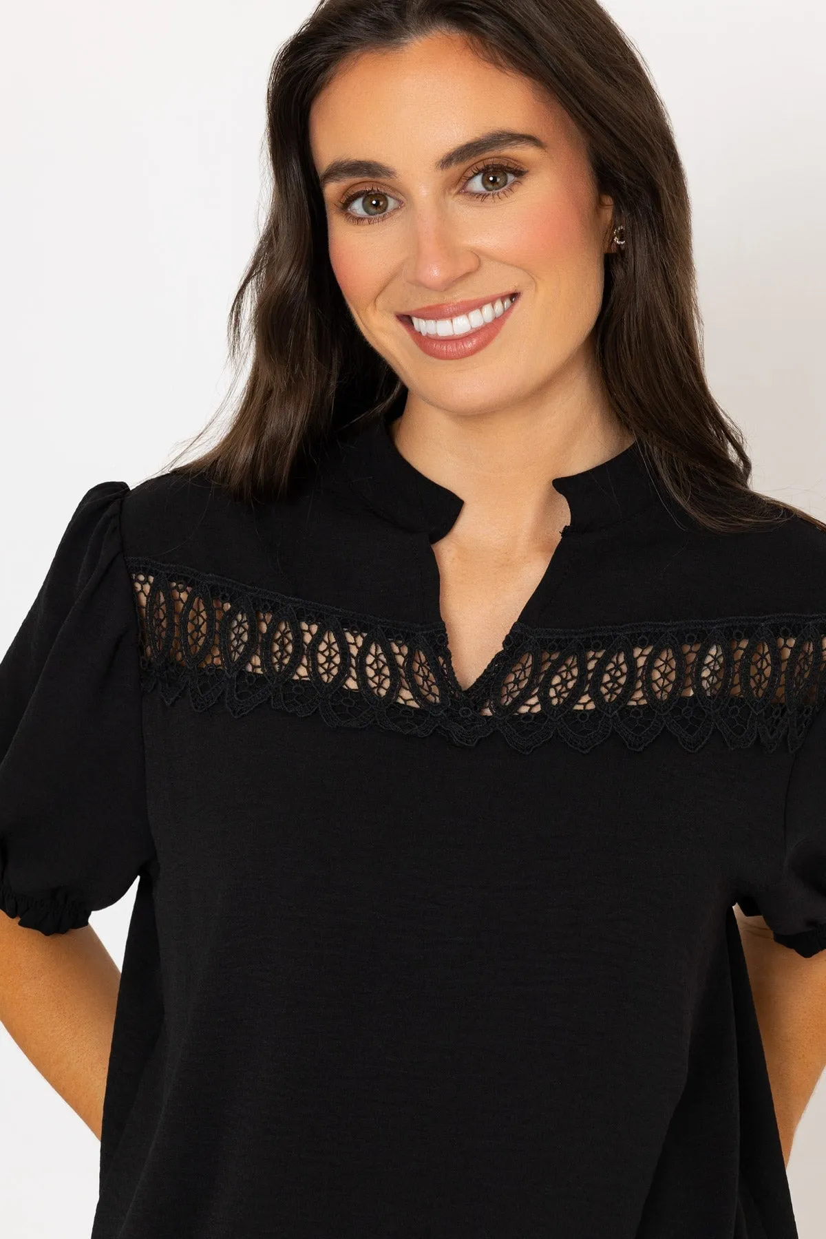 Black Lace Detail Crinkle Top