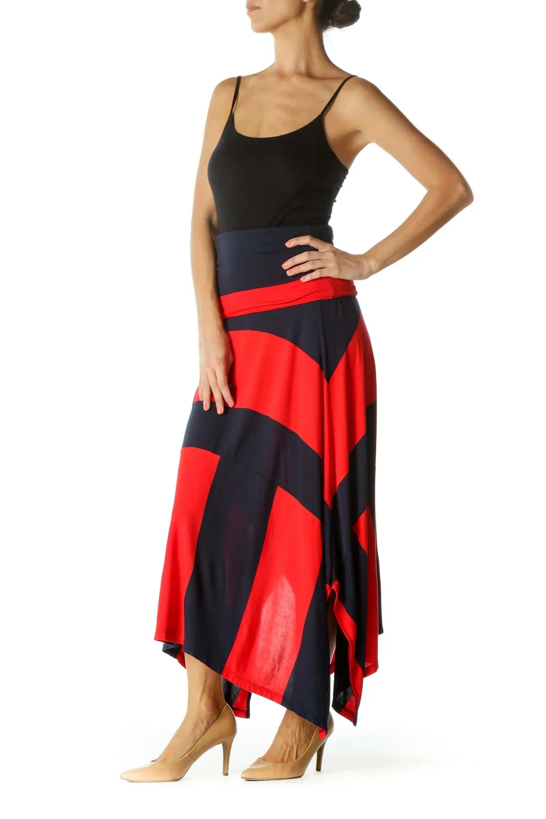 Blue Red Striped Asymmetrical Stretch Skirt