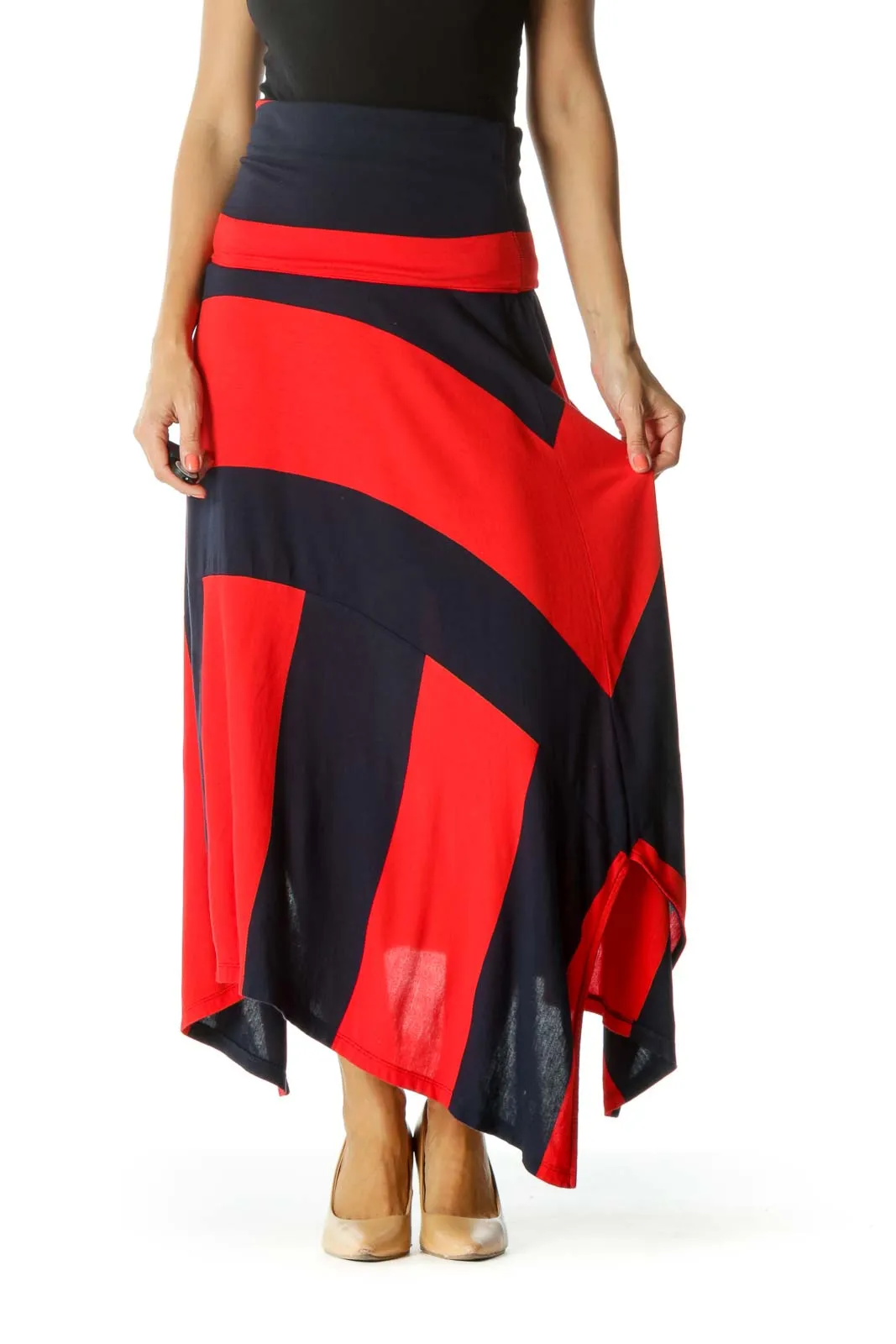 Blue Red Striped Asymmetrical Stretch Skirt