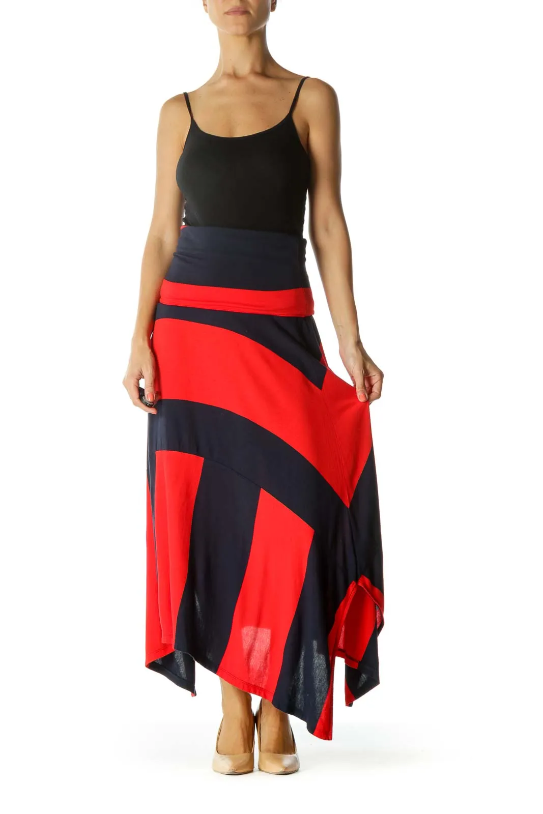 Blue Red Striped Asymmetrical Stretch Skirt