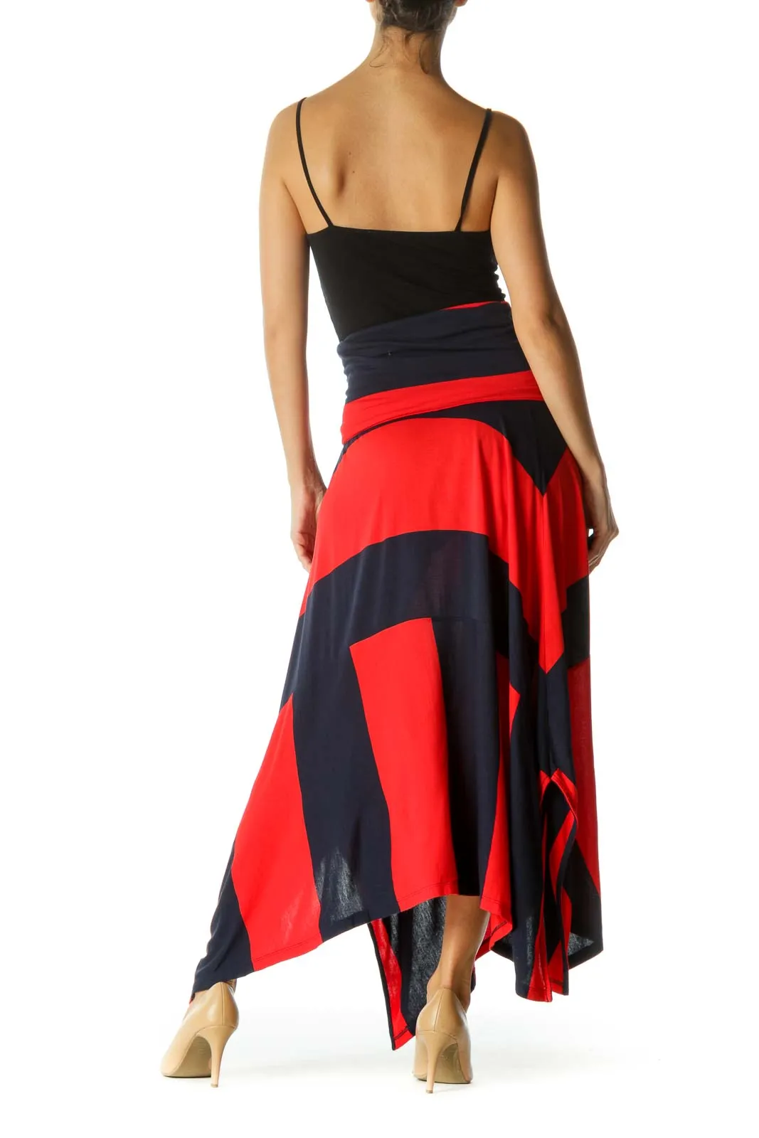 Blue Red Striped Asymmetrical Stretch Skirt