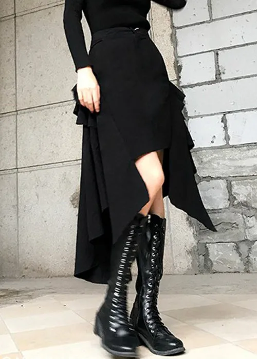 Chic Black Asymmetrical Pockets High Waist Cotton Skirts Spring AS1009