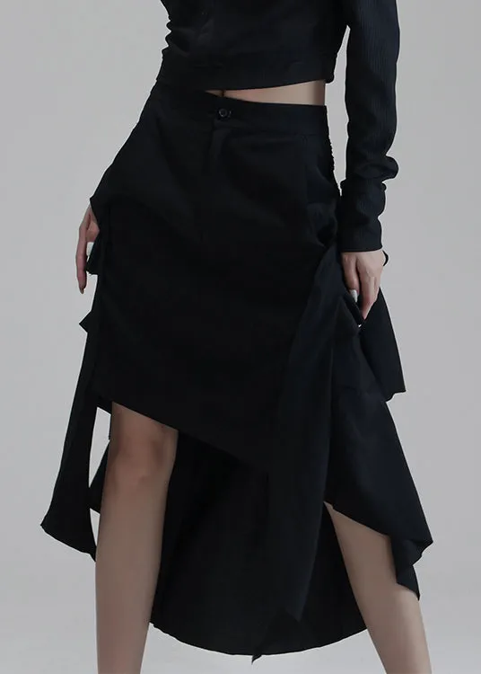 Chic Black Asymmetrical Pockets High Waist Cotton Skirts Spring AS1009