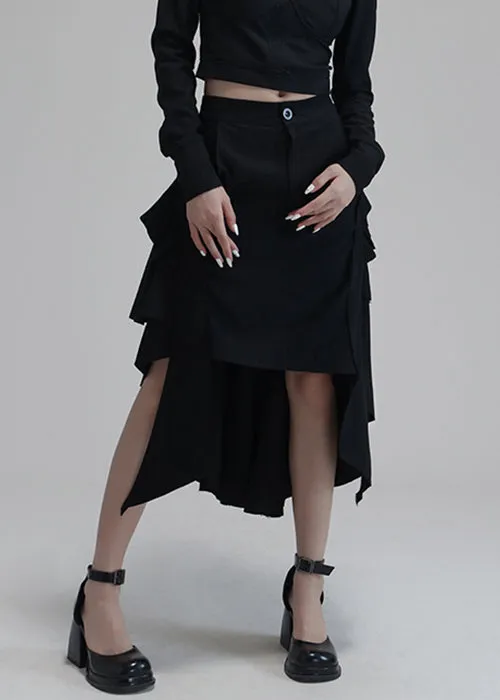 Chic Black Asymmetrical Pockets High Waist Cotton Skirts Spring AS1009