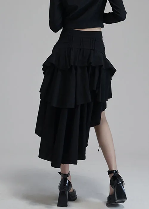 Chic Black Asymmetrical Pockets High Waist Cotton Skirts Spring AS1009