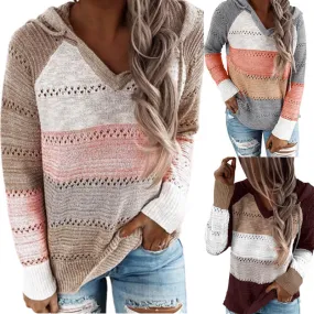 Colorblock V Neck Hooded Sweater