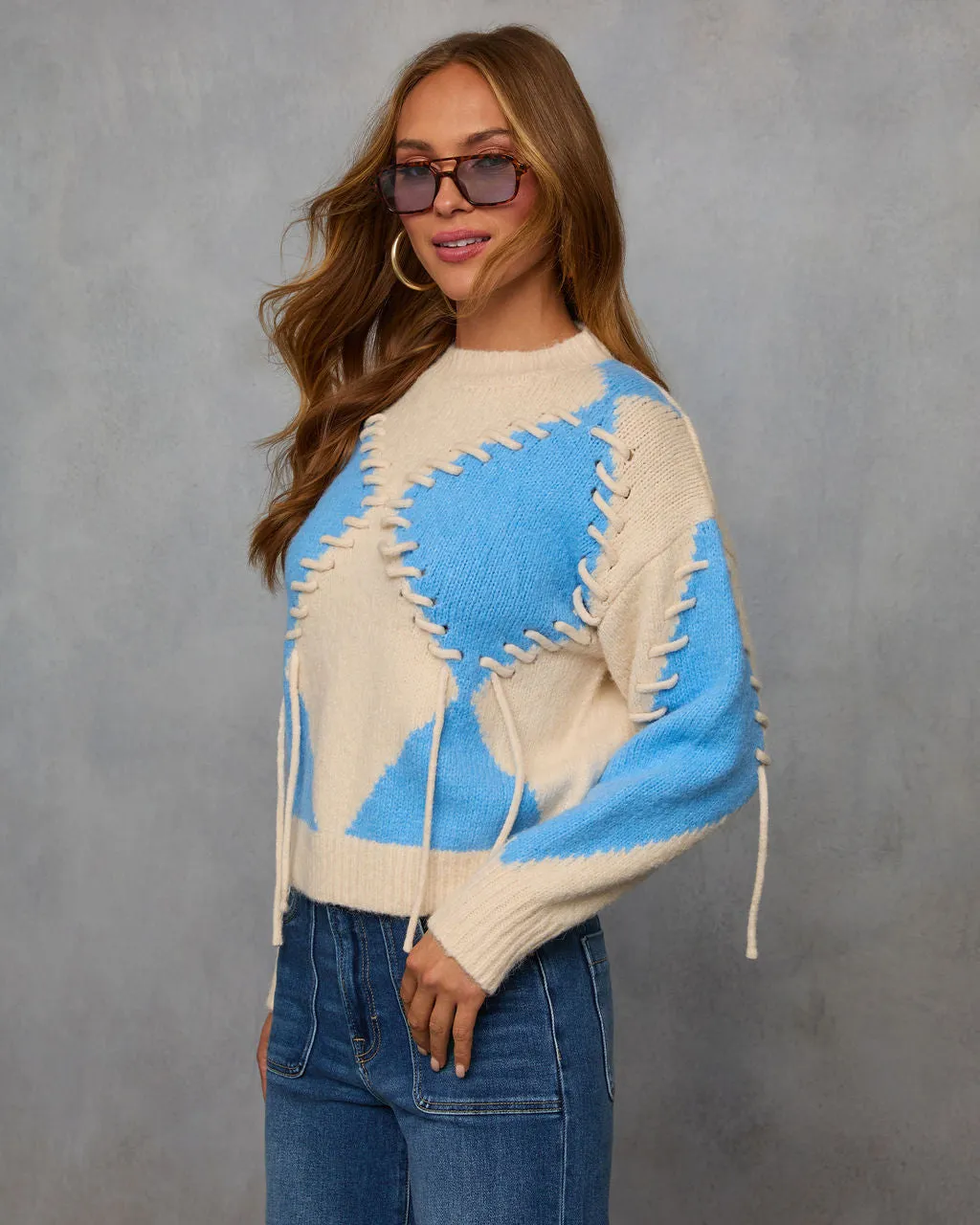 Cozy Moments Lace Up Argyle Sweater