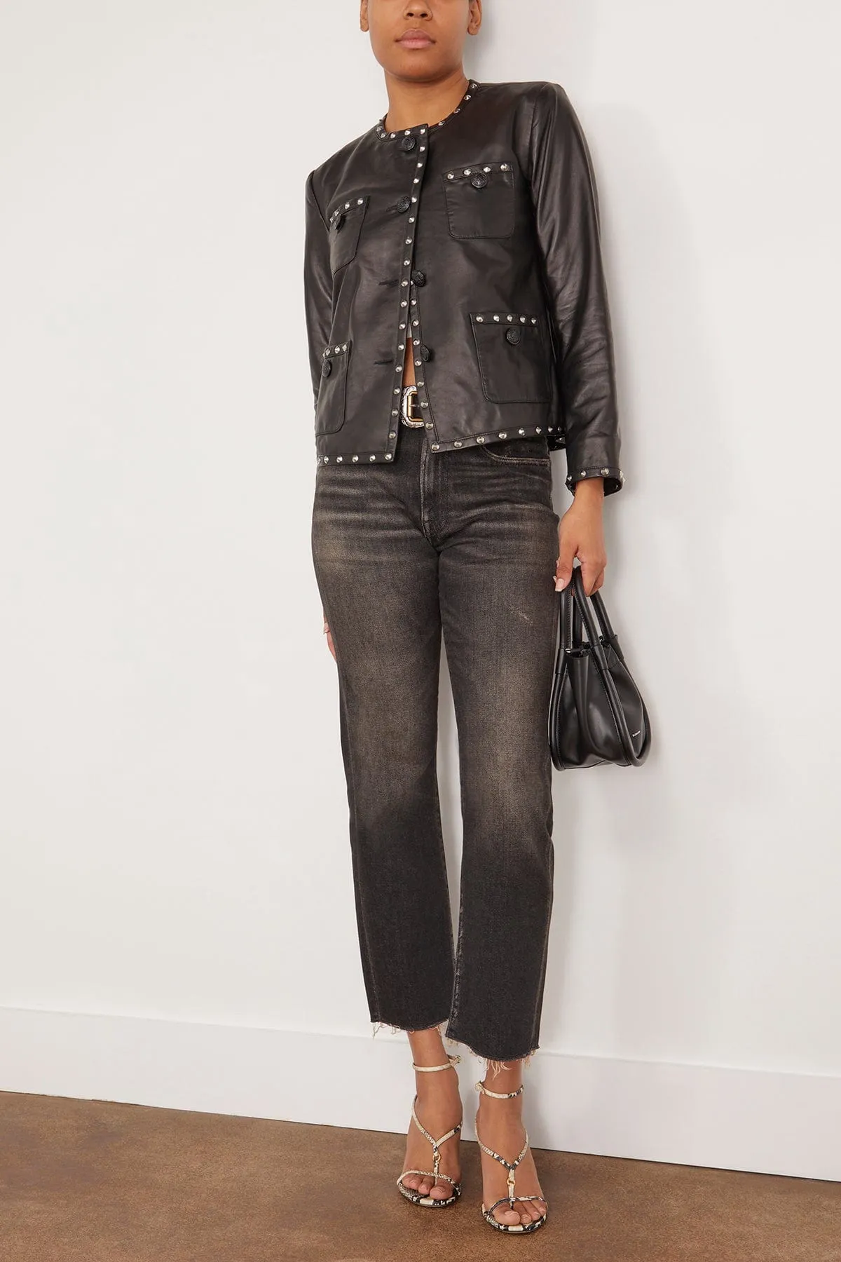 Cropped Slouch Jacket in Black Leather