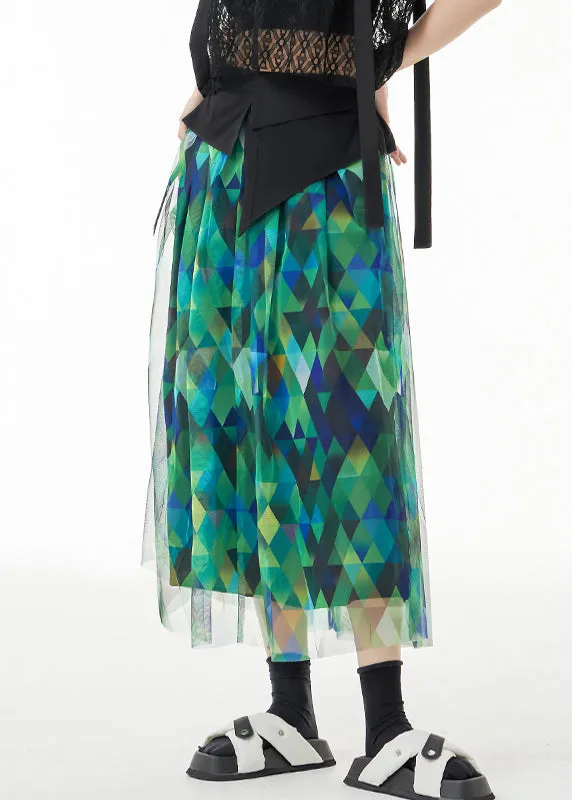 Fitted Green Asymmetrical Print Patchwork Tulle Skirts Summer LY9538