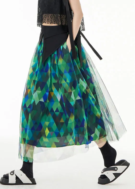 Fitted Green Asymmetrical Print Patchwork Tulle Skirts Summer LY9538