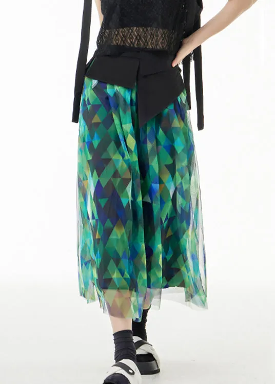 Fitted Green Asymmetrical Print Patchwork Tulle Skirts Summer LY9538