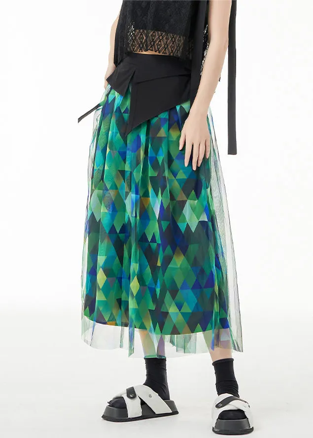 Fitted Green Asymmetrical Print Patchwork Tulle Skirts Summer LY9538