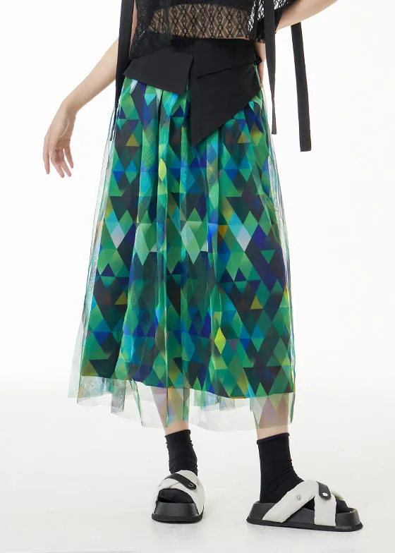 Fitted Green Asymmetrical Print Patchwork Tulle Skirts Summer LY9538