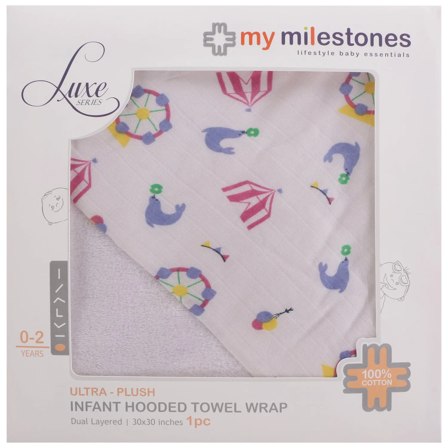 Infant Hooded Towel Wrap - Carnival Print White/Pink