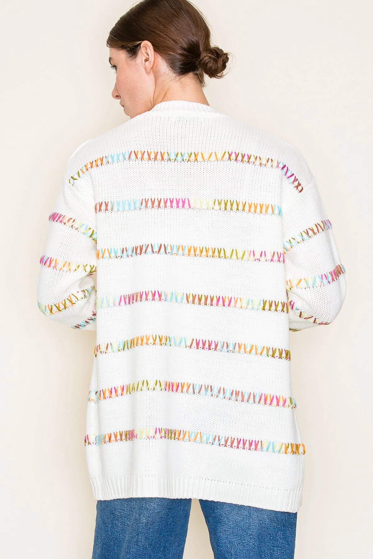 Ivory Multicolor Stitched Cardigan