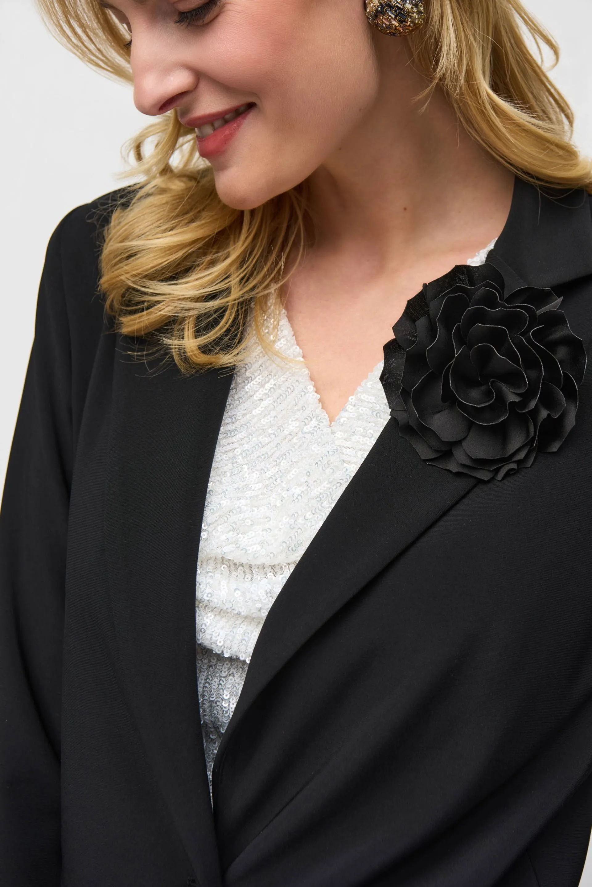 Joseph Ribkoff Black Flower Pin Boxy Blazer Jacket 244239