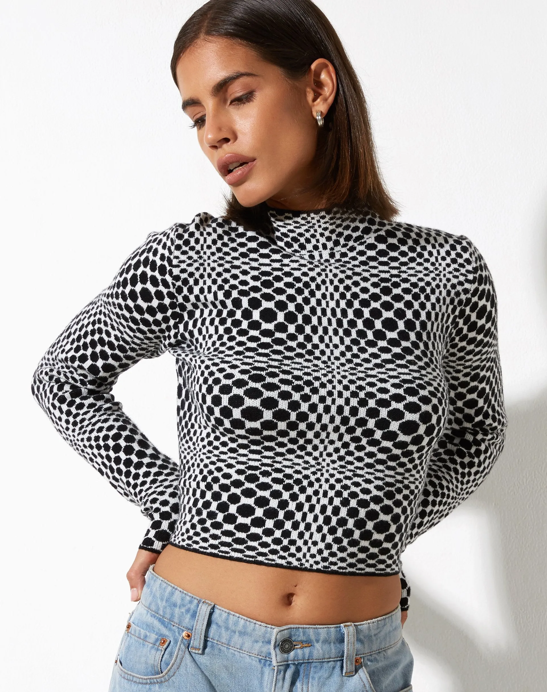 Laria Long Sleeve Top in Optic Monochrome Square Black and White