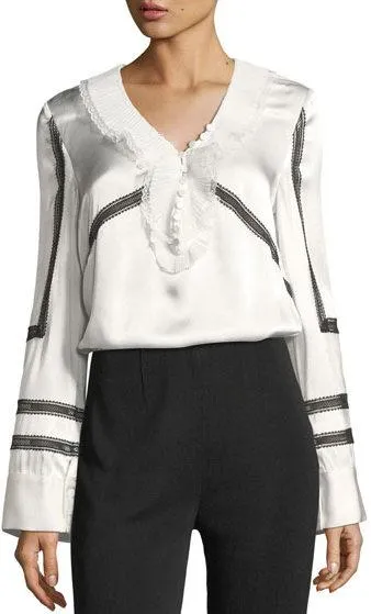 Monochrome-Trimmed Long-Sleeve Satin Shirt