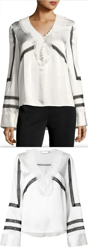 Monochrome-Trimmed Long-Sleeve Satin Shirt