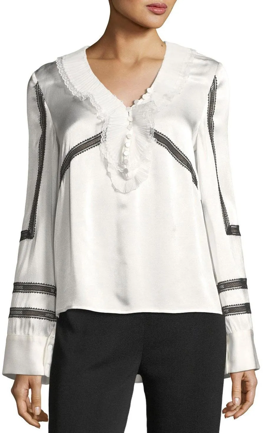 Monochrome-Trimmed Long-Sleeve Satin Shirt