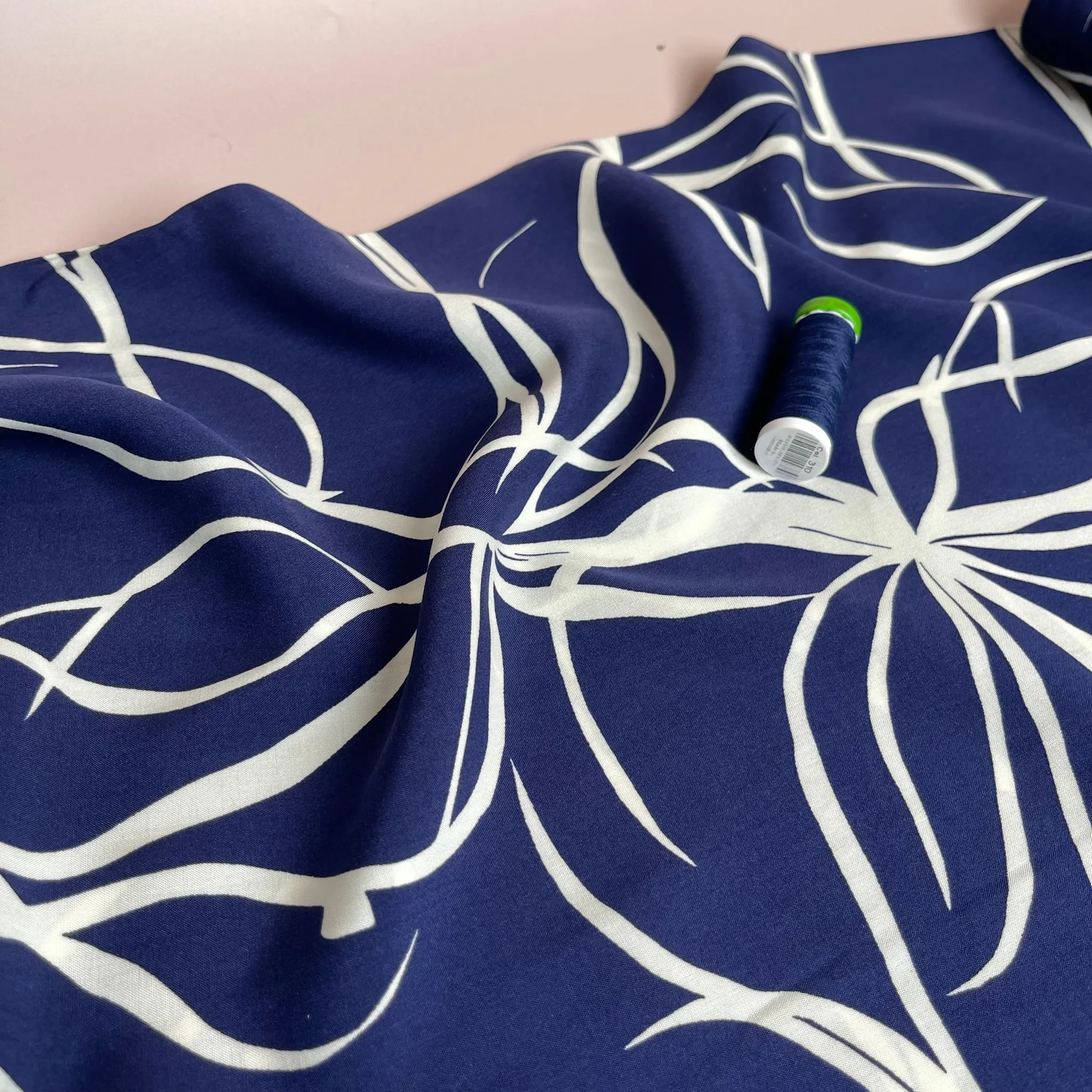 Natural Lines on Navy Viscose Fabric