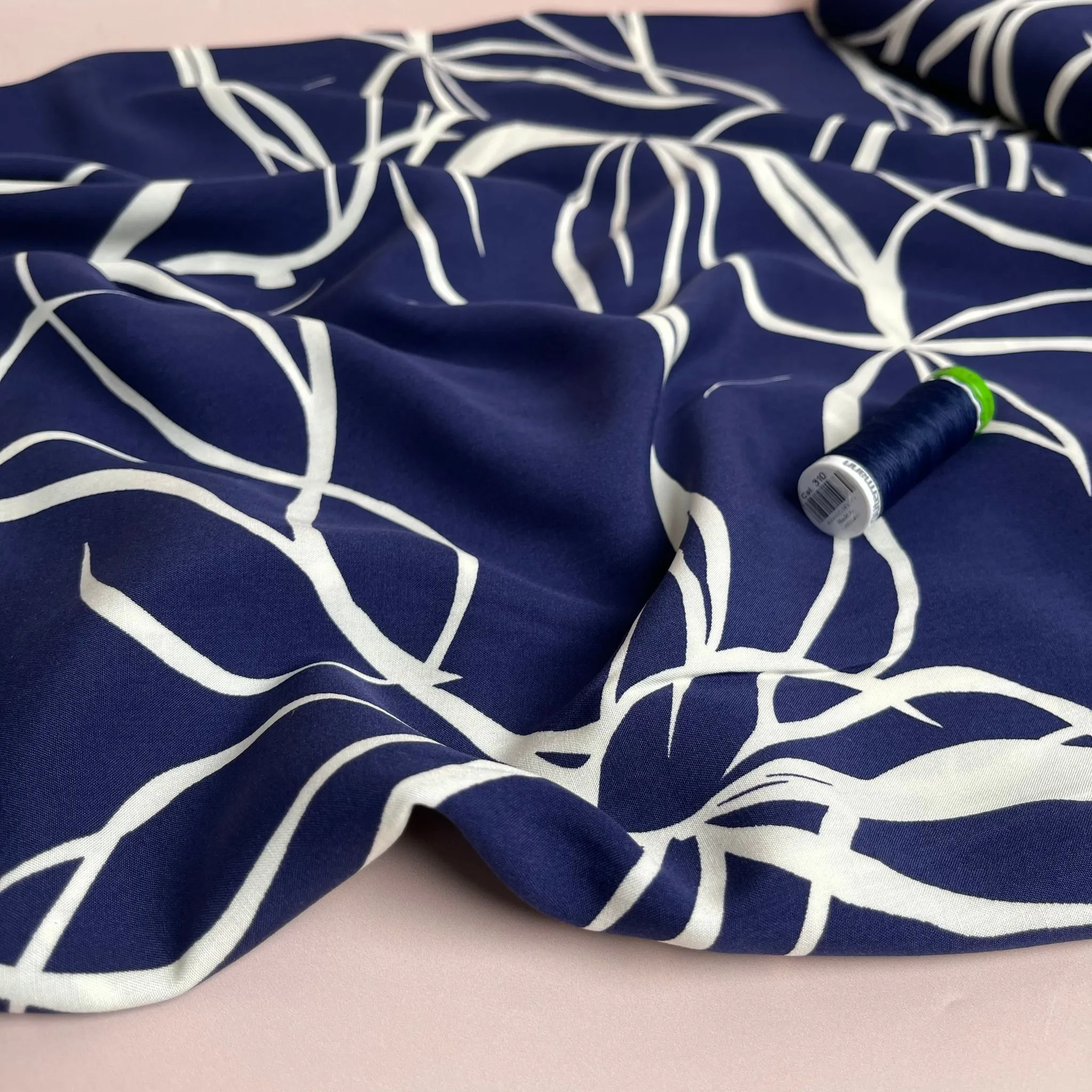 Natural Lines on Navy Viscose Fabric