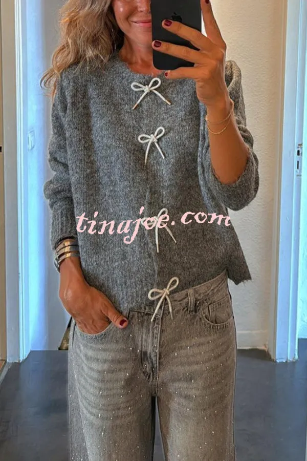 Paris Mornings Knit Front Bow Design Long Sleeve Relaxed Cardigan