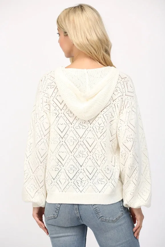 Pointelle Knit Hooded Sweater