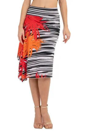 Striped Floral Print Skirt With Side Draping