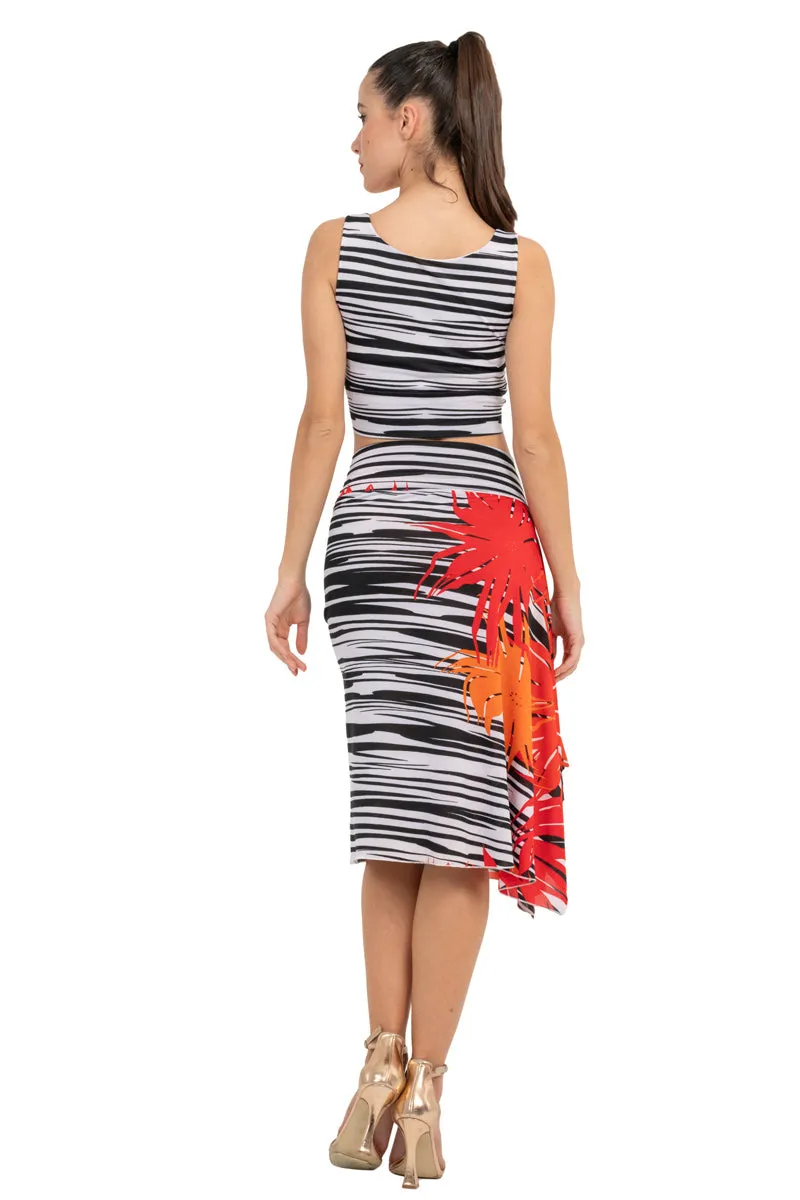 Striped Floral Print Skirt With Side Draping