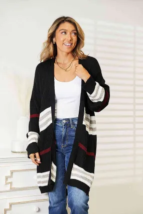 Striped Rib-Knit Drop Shoulder Open Front Cardigan