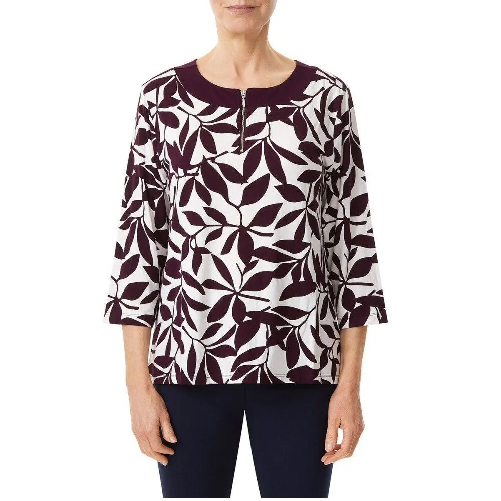 TIGI 22/24 Ivory Monochrome Leaf Print Zip Top