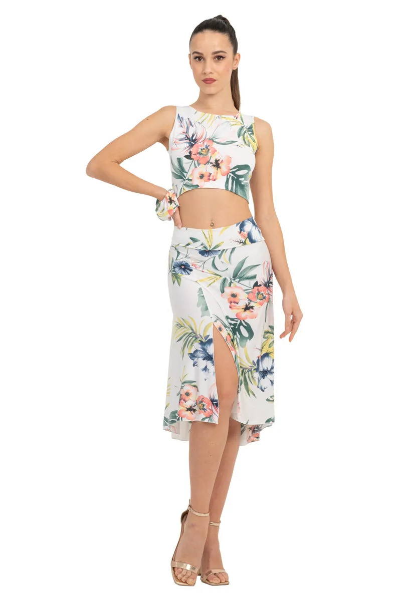 Tropical Print Skirt With Rich Back Draping