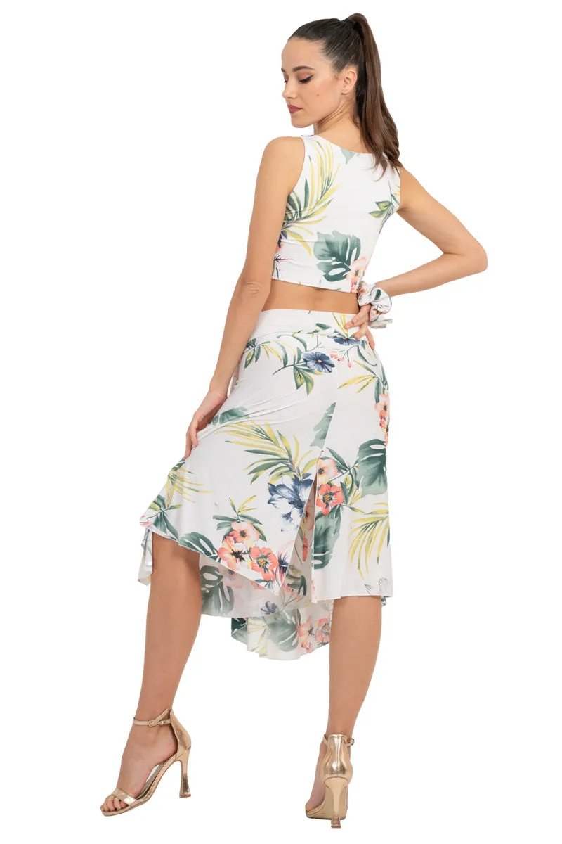 Tropical Print Skirt With Rich Back Draping