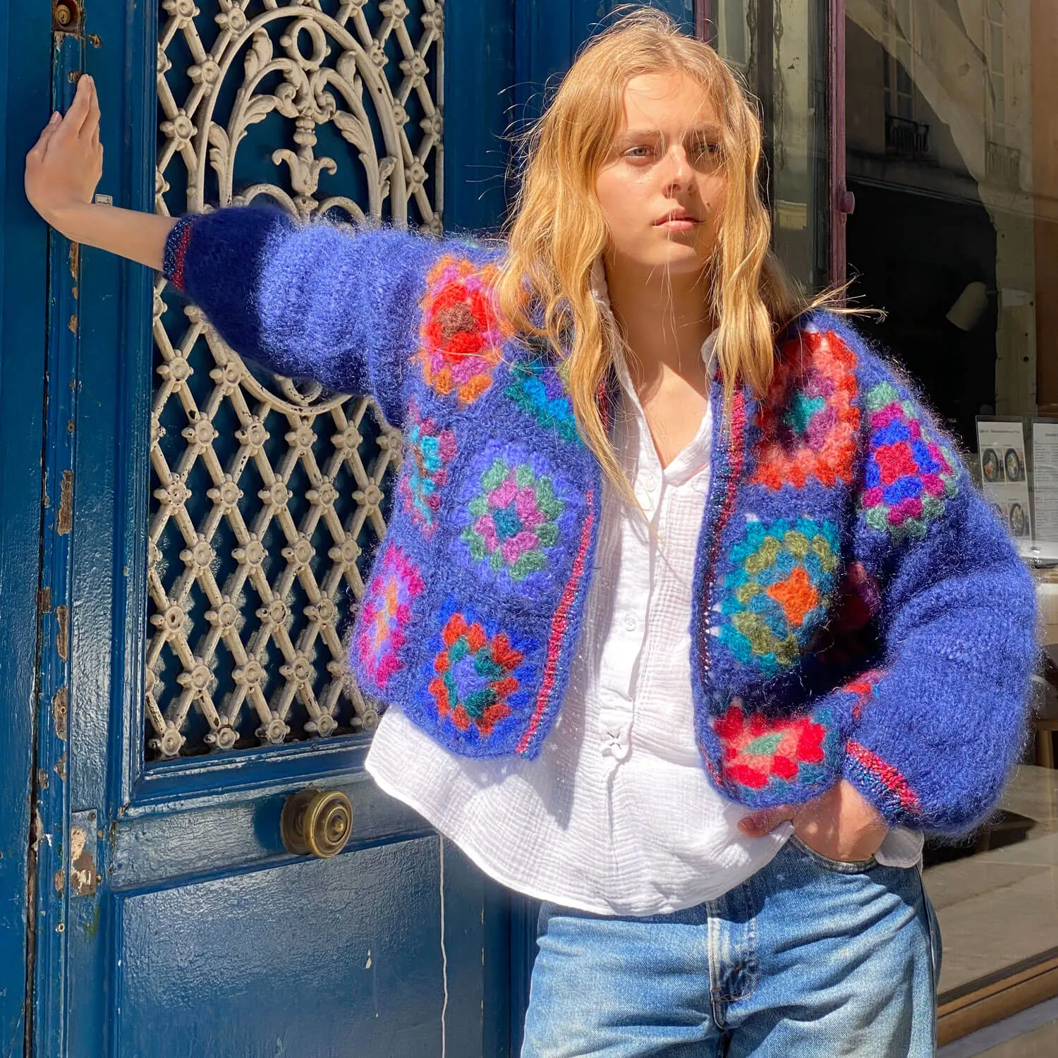 Vintage Boho Oversized Cropped Crochet Granny Square Cardigan