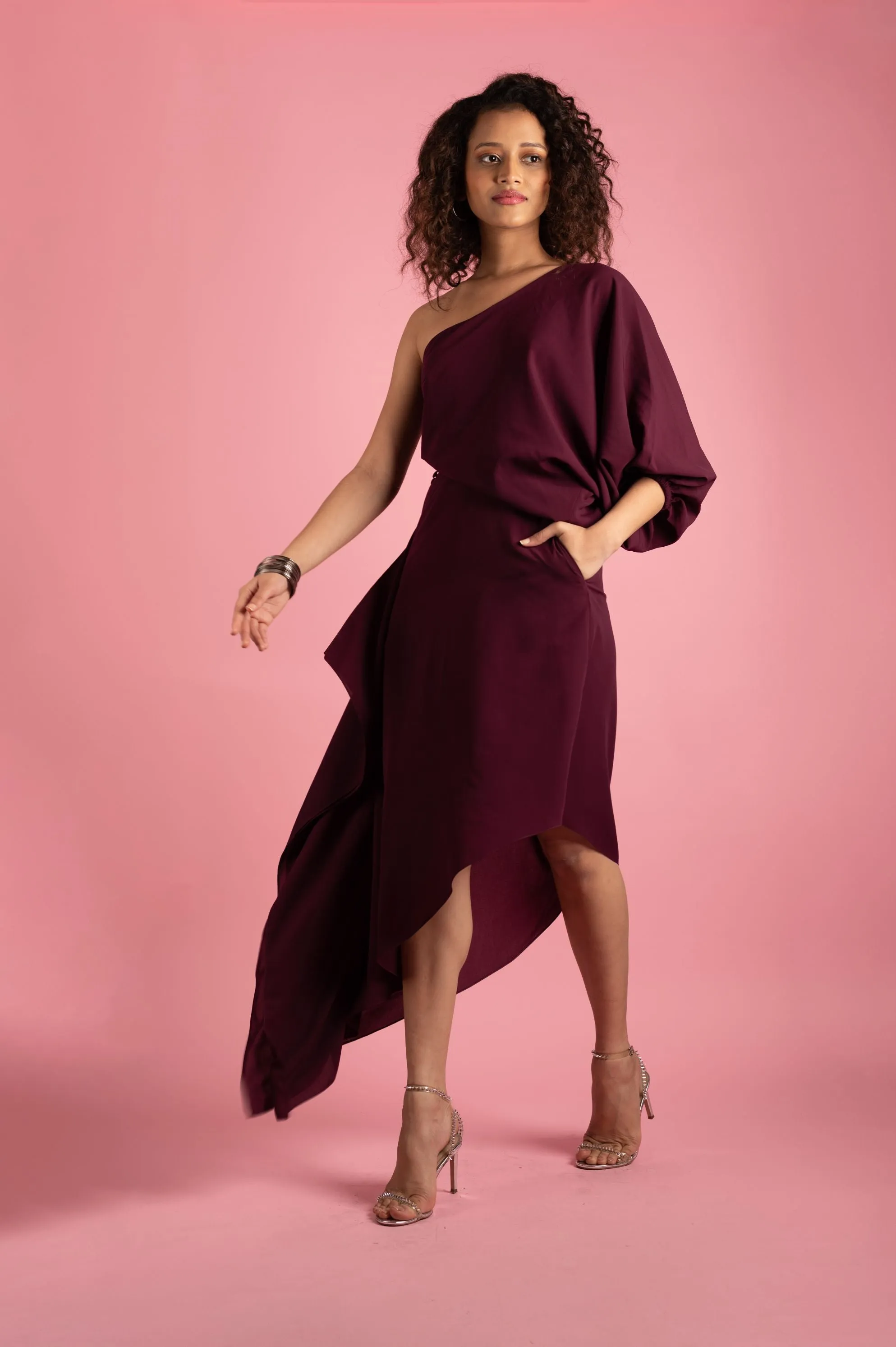 Wine One Shoulder Cut Out Midi Dress