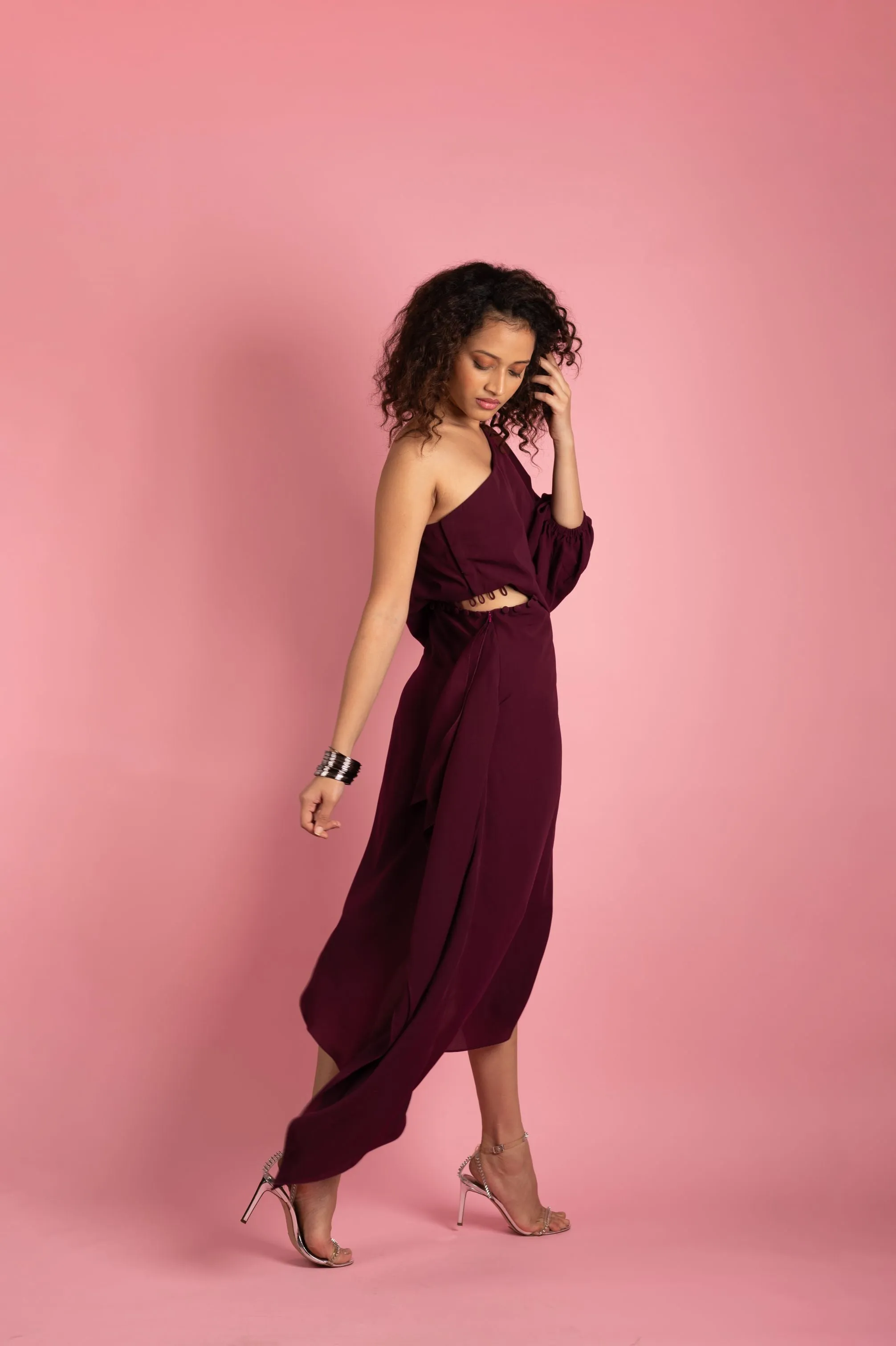 Wine One Shoulder Cut Out Midi Dress