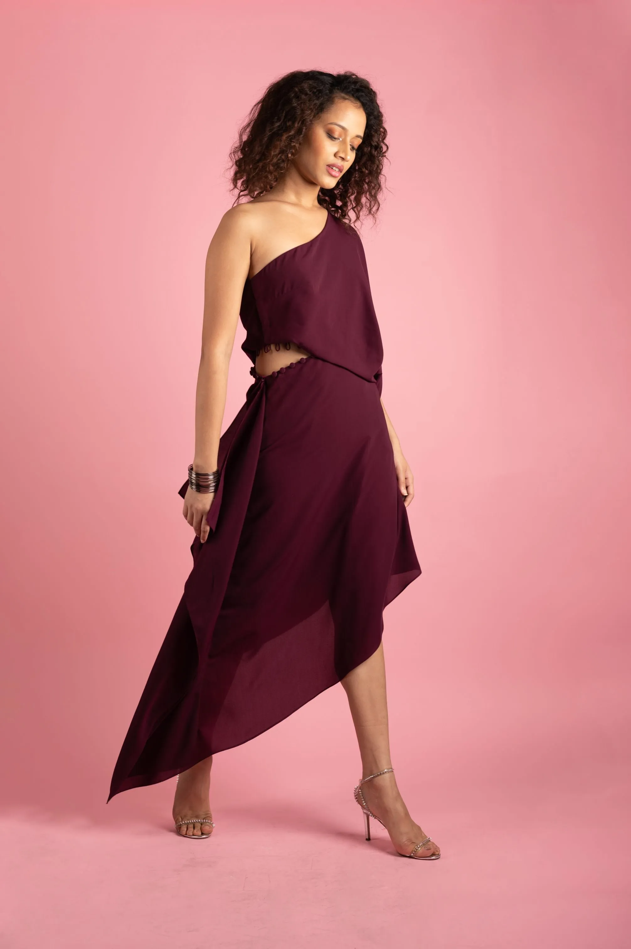 Wine One Shoulder Cut Out Midi Dress