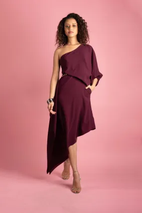 Wine One Shoulder Cut Out Midi Dress