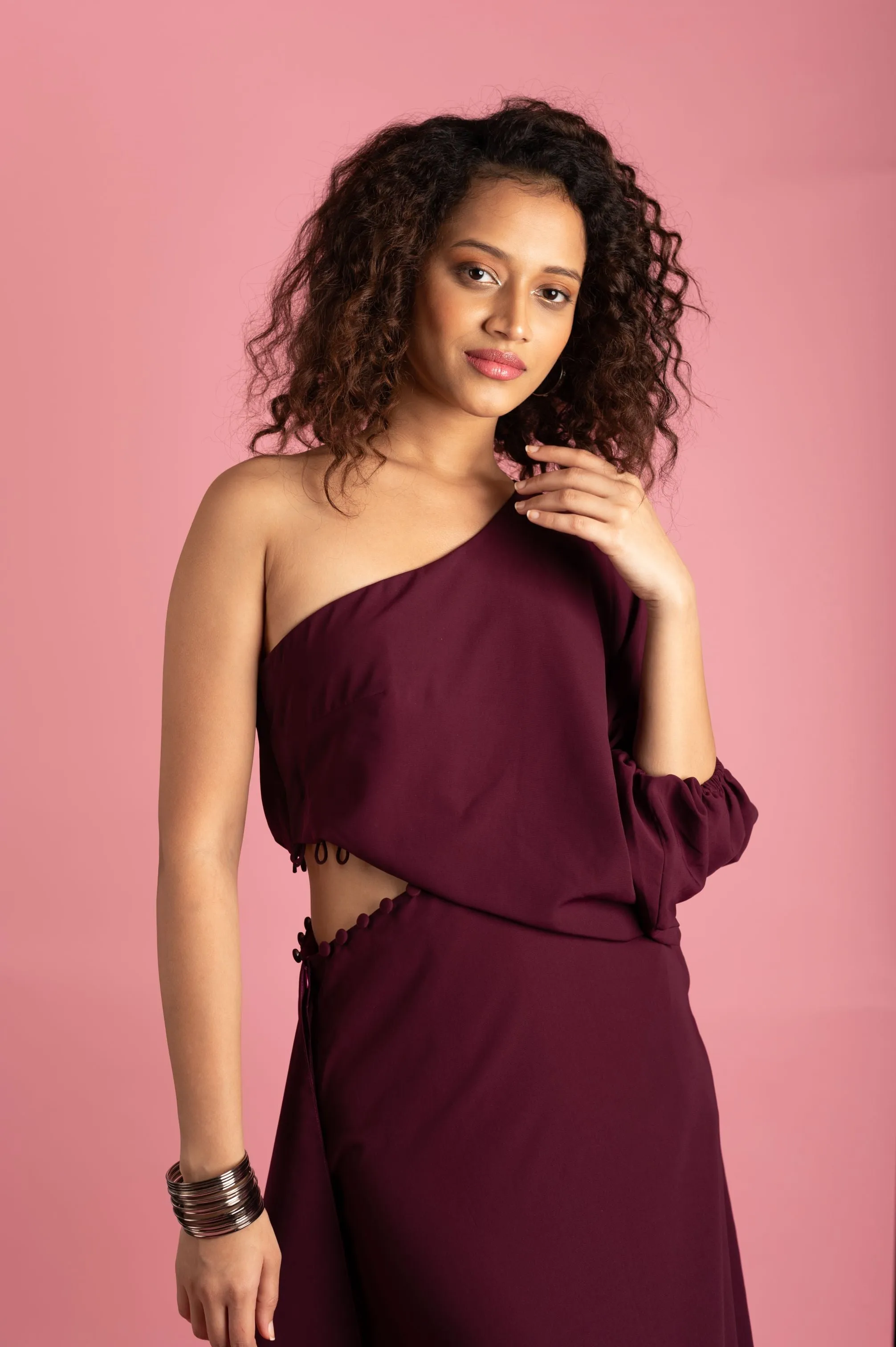 Wine One Shoulder Cut Out Midi Dress