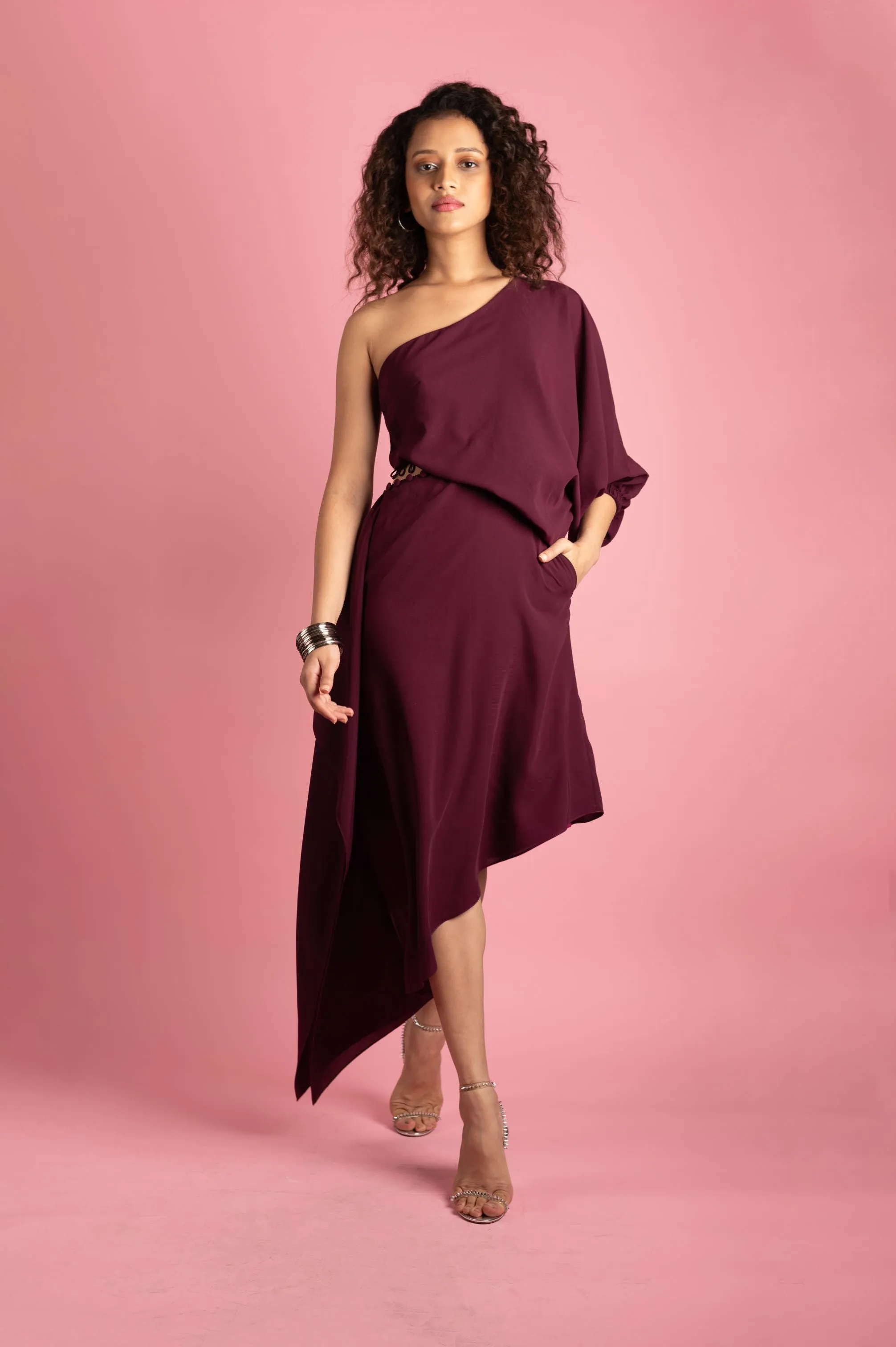 Wine One Shoulder Cut Out Midi Dress