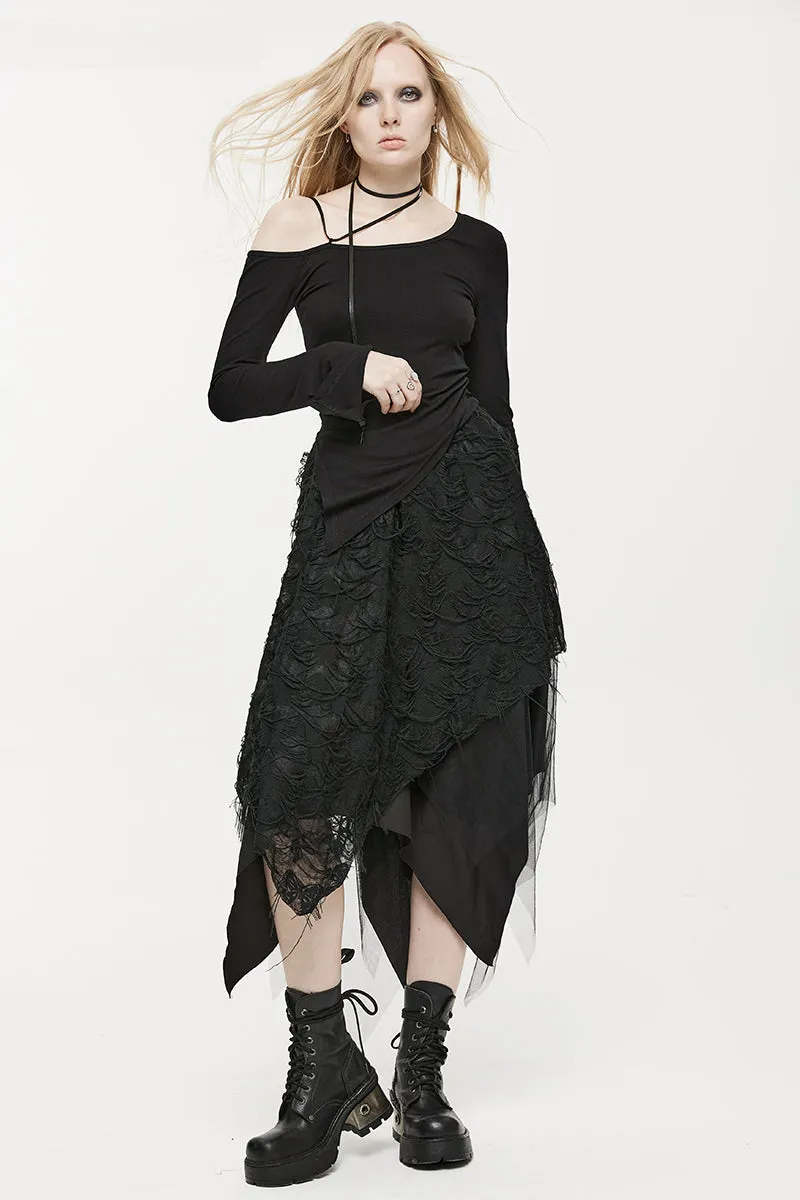 Women's Style Dry Butterfly Asymmetrical Half Mesh Burnt and Tattered Black Skirt